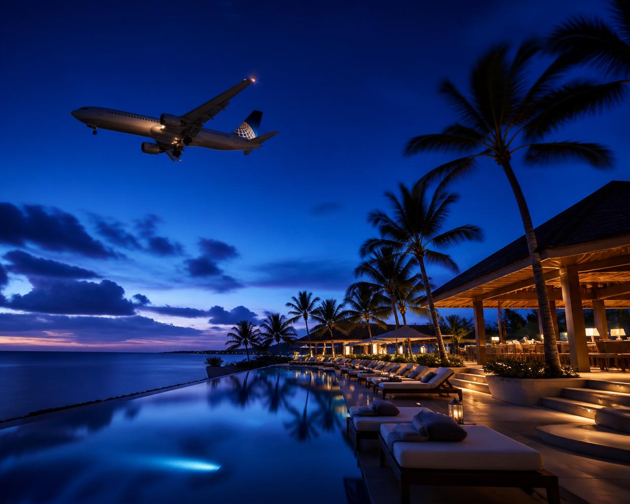 Airplane flying over a tropical resort at dusk